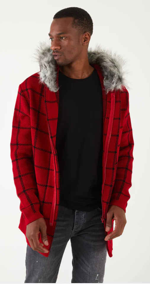 Lagos Red Exclusive Men's Red Plaid Long Sweaters | Fur Hoodie