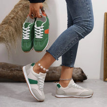 Load image into Gallery viewer, PU Leather Contrast Round Toe Flat Sneakers – Lace-Up Casual

