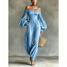 Load image into Gallery viewer, Women's Off-Shoulder Lantern Sleeve Pleated Loose Jumpsuit
