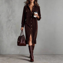 Load image into Gallery viewer, Women's Corduroy Long Sleeve Shirt Dress – Turn-Down Collar Button Front Midi with Pockets
