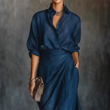 Load image into Gallery viewer, Women's Two-Piece Pleated Shirt &amp; Draped Wrap Maxi Skirt Set – Long Sleeve Button Top
