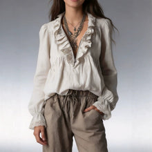 Load image into Gallery viewer, Women's V-Neck Ruffle Trim Flared Cuff Long Sleeve Blouse
