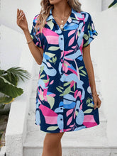 Load image into Gallery viewer, Women's Colorful Tropical Print Shirt Dress – Button Front Short Sleeve Collared A-Line Midi
