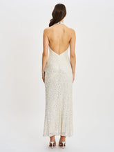 Load image into Gallery viewer, Niamh Golden Beaded Cowl Halter Backless Maxi Dress
