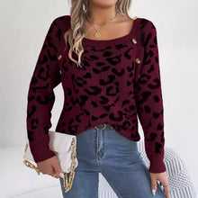 Load image into Gallery viewer, Casual Square Collar Button Contrast Color Leopard Print Long Sleeve Sweater
