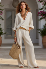 Load image into Gallery viewer, Women's Linen-Style Two-Piece Set – V-Neck Top &amp; Wide-Leg Pants
