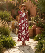 Load image into Gallery viewer, Women's V-Neck Floral Print A-Line Midi Dress – High Waist Sleeveless
