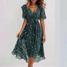 Load image into Gallery viewer, Floral Print A-Line Dress – V-Neck Short Sleeve Midi Dress

