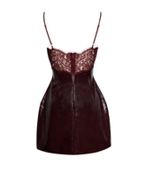 Load image into Gallery viewer, Shelby Dark Brown Vegan Leather with Lace Mini Dress
