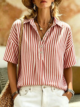 Load image into Gallery viewer, Women's Striped Short-Sleeve Shirt with Turn-Down Collar
