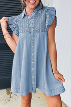 Load image into Gallery viewer, Beau Blue Flutter Sleeve Shirred Button Up Denim Mini Dress
