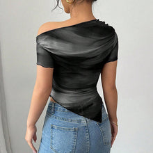 Load image into Gallery viewer, Women’s Tie-Dye One-Shoulder Mesh Ruched Top – Asymmetrical Stretch Tee for Going Out
