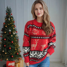 Load image into Gallery viewer, Women’s Red Deer Christmas Sweater | Jacquard Knit Long Sleeve Pullover
