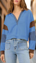 Load image into Gallery viewer, Color‑Block Cropped Polo V‑Neck Sweatshirt
