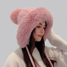 Load image into Gallery viewer, Houndstooth Pom-Pom Knit Beanie with Ear Straps – Warm Plush Winter Hat
