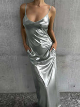 Load image into Gallery viewer, Textured Mirror-Finish U-Neck Slip Maxi Dress with Pockets
