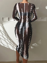 Load image into Gallery viewer, Horizon Haze 3-Piece Tie Dye Bandeau Bikini Set for Women – Strapless Tube Top with Long Sleeve Semi-Sheer Cover-Up Dress for Summer – Artistic Stripe Print Swimwear Ensemble for Bold Summer Fashion
