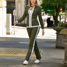 Load image into Gallery viewer, Women's Gold-Zip Contrast Trim Tracksuit Set – Fitted Jacket &amp; Slim Flare Pants
