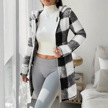 Load image into Gallery viewer, Plaid Hooded Sherpa-Lined Long Coat with Pockets
