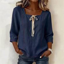 Load image into Gallery viewer, Printed Lace-Up Square-Neck Shirt – Three-Quarter Sleeve, Ramie
