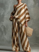Load image into Gallery viewer, Women's Retro Striped Batwing Top &amp; Wide-Leg Pants Set – Vintage 2-Piece
