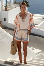 Load image into Gallery viewer, Women's Striped Linen V-Neck Top &amp; Shorts Set with Embroidered Neckline
