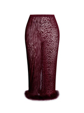 Load image into Gallery viewer, Halia Burgundy Animal Print Burnout Velvet Fur Trim Skirt
