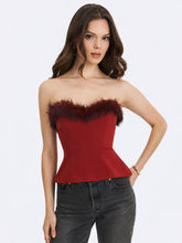 Load image into Gallery viewer, Ivette Crimson Fur-Trimmed Peplum Top

