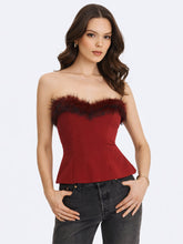 Load image into Gallery viewer, Ivette Crimson Fur-Trimmed Peplum Top
