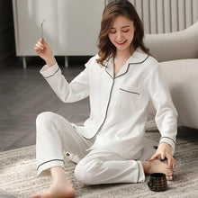 Load image into Gallery viewer, 100% Cotton New Trendy  Pajamas For Women Full Sleeves Pajamas Button Down Winter Sleepwear Set Women White Cotton Pajamas Women's Loose Size V-neck Home Suit Long Sleeve Wide Leg Pants Pajamas Casual Home wear
