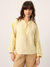 Load image into Gallery viewer, 100% Linen Lace-Up Shirred Lantern Sleeve Blouse DOROTHEA
