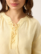 Load image into Gallery viewer, 100% Linen Lace-Up Shirred Lantern Sleeve Blouse DOROTHEA
