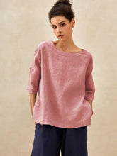 Load image into Gallery viewer, 100% Linen Gingham Checked Boatneck 3/4 Length Sleeve Top AURORA
