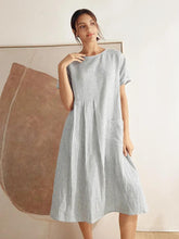Load image into Gallery viewer, 100% Linen Pinstripe Paneled Short-Sleeved Dress MORGAN
