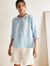 Load image into Gallery viewer, 100% Linen Stripe Shawl V-Neck Half Sleeve Top
