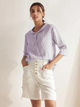 Load image into Gallery viewer, 100% Linen Stripe Shawl V-Neck Half Sleeve Top
