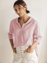 Load image into Gallery viewer, 100% Linen Stripe Shawl V-Neck Half Sleeve Top

