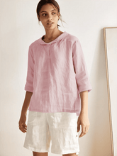 Load image into Gallery viewer, 100% Linen Stripe Shawl V-Neck Half Sleeve Top
