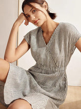Load image into Gallery viewer, 100% Linen Striped Elastic-Waist Midi Dress ARIA
