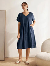 Load image into Gallery viewer, 100% Linen V-Neck Waist Ruched Pocket Dress CHARLOTTE

