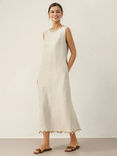 Load image into Gallery viewer, 100% Linen Beaded Crew Neck Maxi Dress with Belt BELLA
