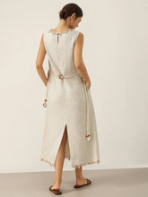 Load image into Gallery viewer, 100% Linen Beaded Crew Neck Maxi Dress with Belt BELLA
