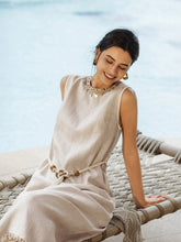 Load image into Gallery viewer, 100% Linen Beaded Crew Neck Maxi Dress with Belt BELLA
