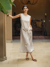 Load image into Gallery viewer, 100% Linen Beaded Crew Neck Maxi Dress with Belt BELLA
