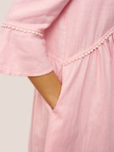 Load image into Gallery viewer, 100% Linen V-Neck Ruffle Hem Midi Dress with Crochet Trim MARTHA
