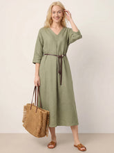 Load image into Gallery viewer, 100% Linen Center Pleat V-Neck Cuffed Sleeve Maxi Dress ZENOBIA
