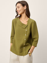 Load image into Gallery viewer, 100% Linen Crescent Neck Button Detail 3/4 Sleeve Top ADALYN

