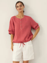 Load image into Gallery viewer, 100% Linen Flutter Sleeve Drawstring Top ZOEY
