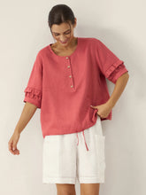 Load image into Gallery viewer, 100% Linen Flutter Sleeve Drawstring Top ZOEY
