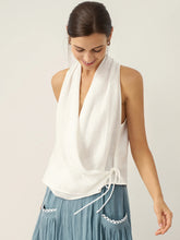 Load image into Gallery viewer, 100% Linen Halter Neck Tie-Front Crop Top FAYE
